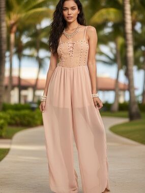 NWT Women's Peekaboo Lace Overlay Chiffon Wide Leg Jumpsuit
